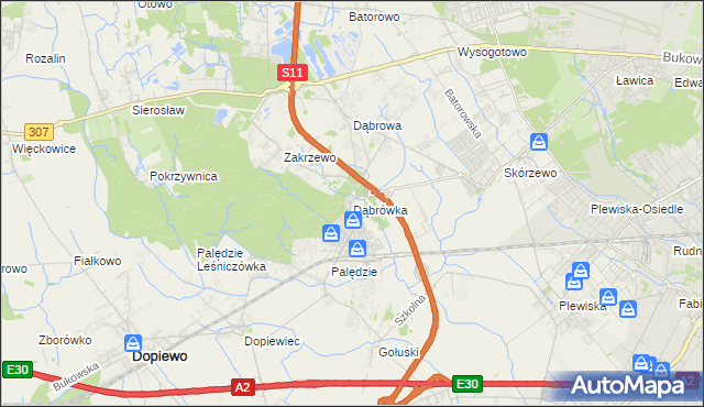 mapa Dąbrówka gmina Dopiewo, Dąbrówka gmina Dopiewo na mapie Targeo