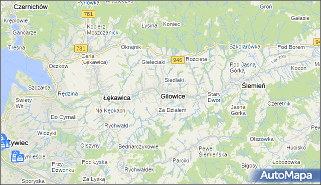 mapa Gilowice powiat żywiecki, Gilowice powiat żywiecki na mapie Targeo