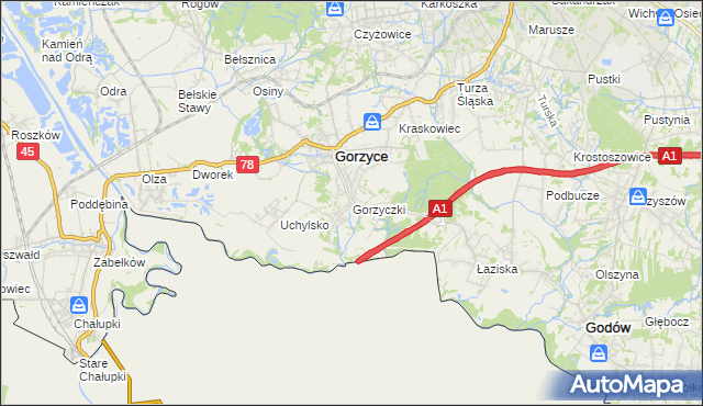 mapa Gorzyczki gmina Gorzyce, Gorzyczki gmina Gorzyce na mapie Targeo