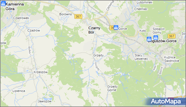 mapa Grzędy gmina Czarny Bór, Grzędy gmina Czarny Bór na mapie Targeo