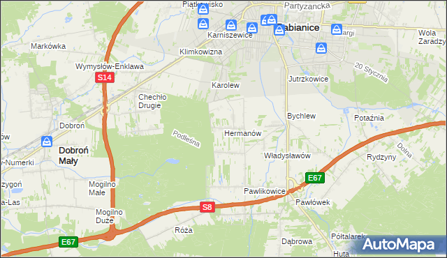 mapa Hermanów gmina Pabianice, Hermanów gmina Pabianice na mapie Targeo