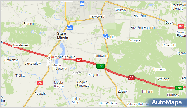 mapa Janowice gmina Stare Miasto, Janowice gmina Stare Miasto na mapie Targeo