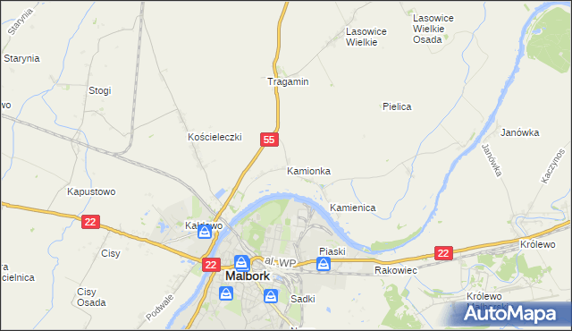 mapa Kamionka gmina Malbork, Kamionka gmina Malbork na mapie Targeo