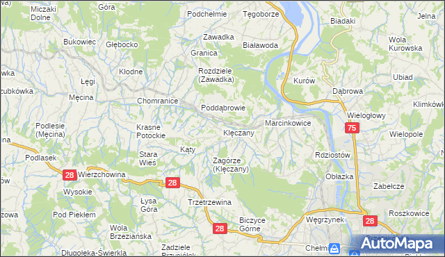 mapa Klęczany gmina Chełmiec, Klęczany gmina Chełmiec na mapie Targeo