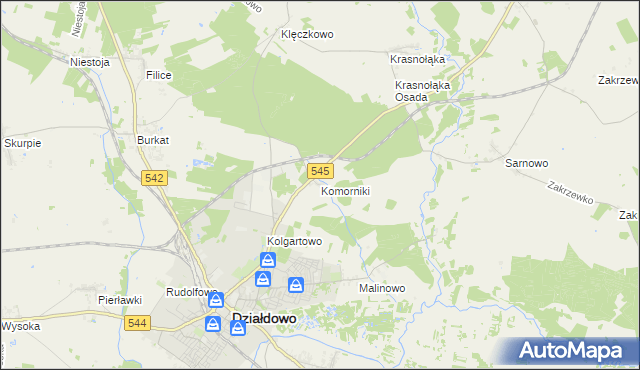 mapa Komorniki gmina Działdowo, Komorniki gmina Działdowo na mapie Targeo