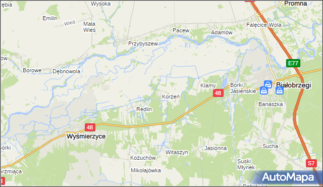 mapa Korzeń gmina Wyśmierzyce, Korzeń gmina Wyśmierzyce na mapie Targeo