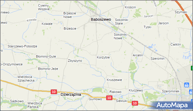 mapa Korzybie gmina Baboszewo, Korzybie gmina Baboszewo na mapie Targeo