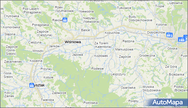 mapa Kozłówek gmina Wiśniowa, Kozłówek gmina Wiśniowa na mapie Targeo