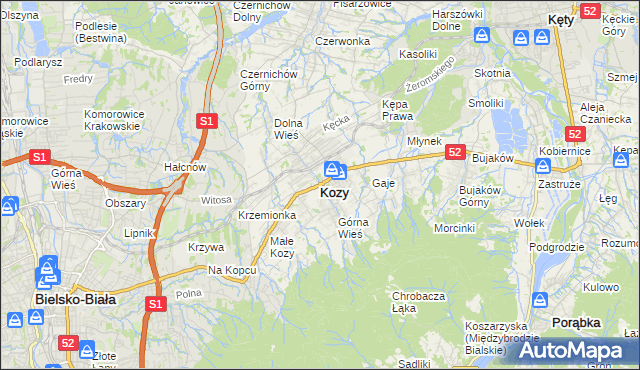 mapa Kozy powiat bielski, Kozy powiat bielski na mapie Targeo