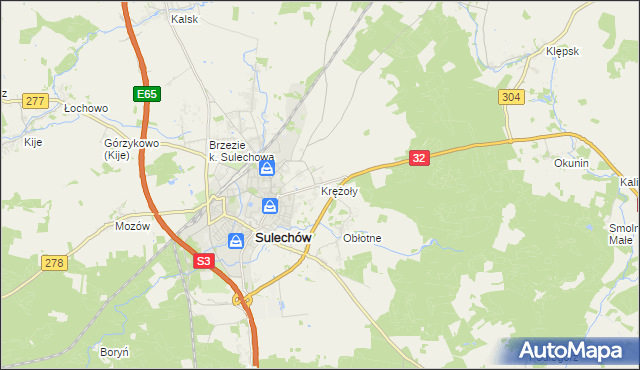 mapa Krężoły gmina Sulechów, Krężoły gmina Sulechów na mapie Targeo