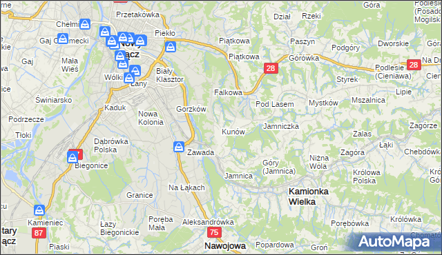 mapa Kunów gmina Chełmiec, Kunów gmina Chełmiec na mapie Targeo