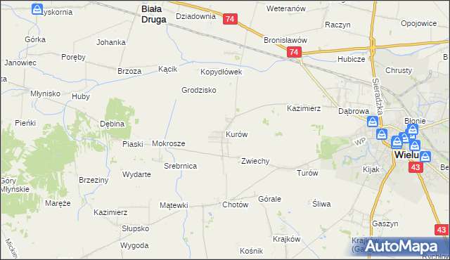 mapa Kurów gmina Wieluń, Kurów gmina Wieluń na mapie Targeo