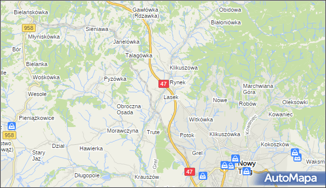 mapa Lasek gmina Nowy Targ, Lasek gmina Nowy Targ na mapie Targeo