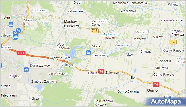 mapa Leszczyny gmina Górno, Leszczyny gmina Górno na mapie Targeo
