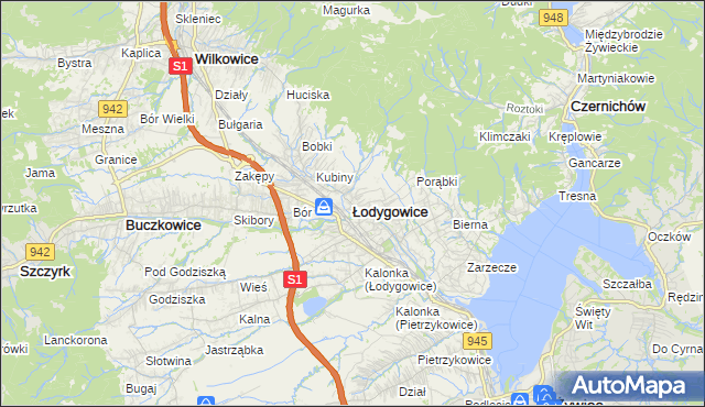 mapa Łodygowice powiat żywiecki, Łodygowice powiat żywiecki na mapie Targeo