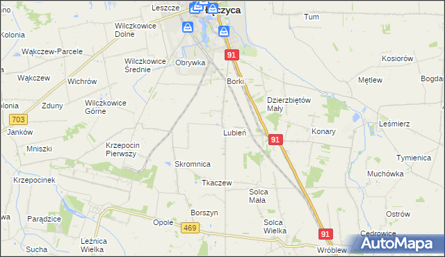 mapa Lubień gmina Łęczyca, Lubień gmina Łęczyca na mapie Targeo