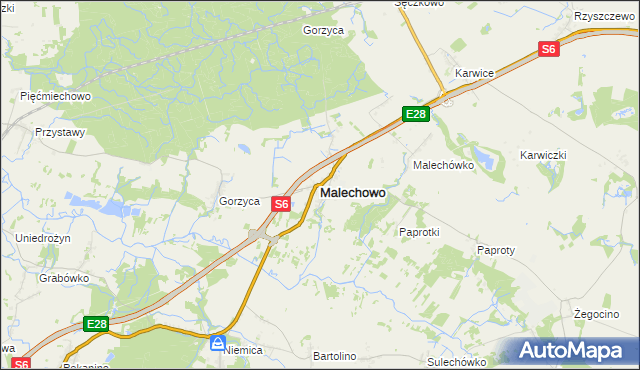 mapa Malechowo powiat sławieński, Malechowo powiat sławieński na mapie Targeo