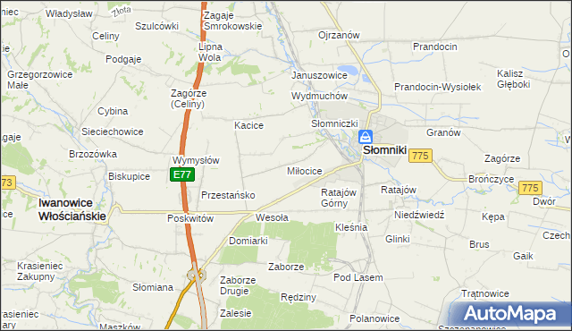 mapa Miłocice gmina Słomniki, Miłocice gmina Słomniki na mapie Targeo