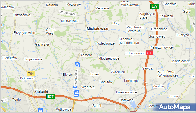 mapa Młodziejowice gmina Michałowice, Młodziejowice gmina Michałowice na mapie Targeo