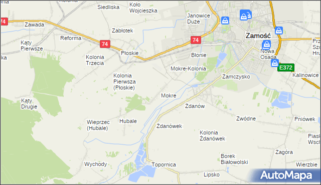 mapa Mokre gmina Zamość, Mokre gmina Zamość na mapie Targeo