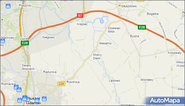 mapa Mokry Dwór gmina Pruszcz Gdański, Mokry Dwór gmina Pruszcz Gdański na mapie Targeo