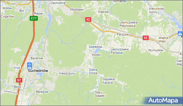 mapa Mostki gmina Suchedniów, Mostki gmina Suchedniów na mapie Targeo