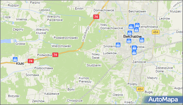 mapa Nowy Świat gmina Bełchatów, Nowy Świat gmina Bełchatów na mapie Targeo