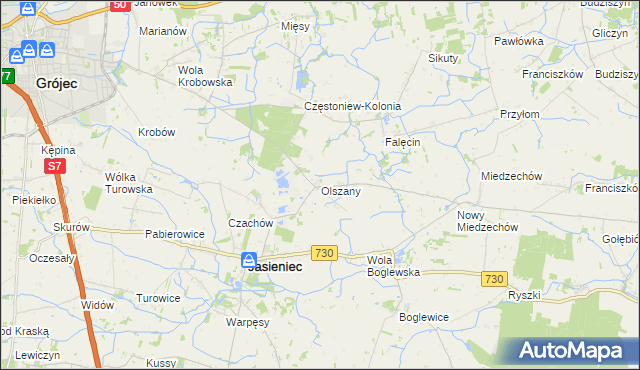 mapa Olszany gmina Jasieniec, Olszany gmina Jasieniec na mapie Targeo