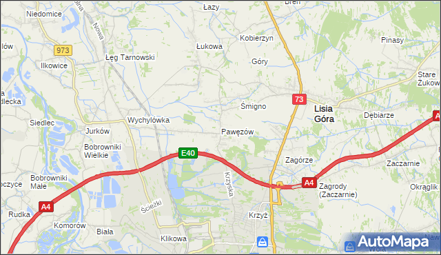 mapa Pawęzów gmina Lisia Góra, Pawęzów gmina Lisia Góra na mapie Targeo