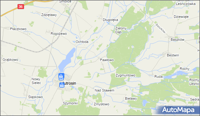 mapa Pawłowo gmina Jutrosin, Pawłowo gmina Jutrosin na mapie Targeo
