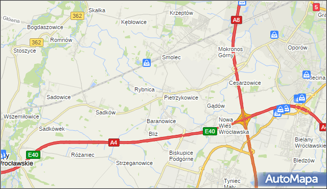 mapa Pietrzykowice gmina Kąty Wrocławskie, Pietrzykowice gmina Kąty Wrocławskie na mapie Targeo