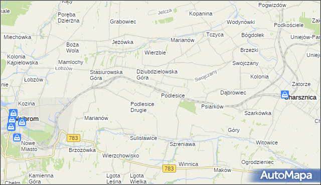 mapa Podlesice gmina Charsznica, Podlesice gmina Charsznica na mapie Targeo