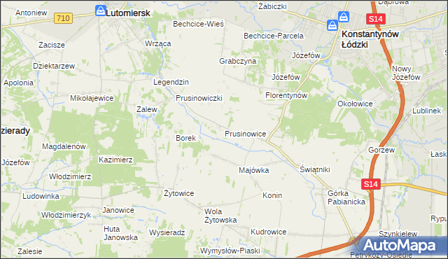 mapa Prusinowice gmina Lutomiersk, Prusinowice gmina Lutomiersk na mapie Targeo