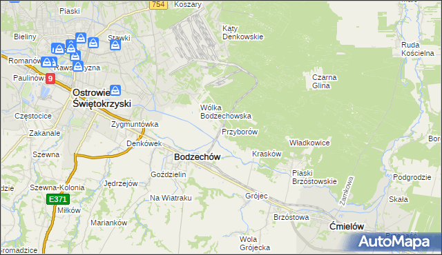 mapa Przyborów gmina Bodzechów, Przyborów gmina Bodzechów na mapie Targeo