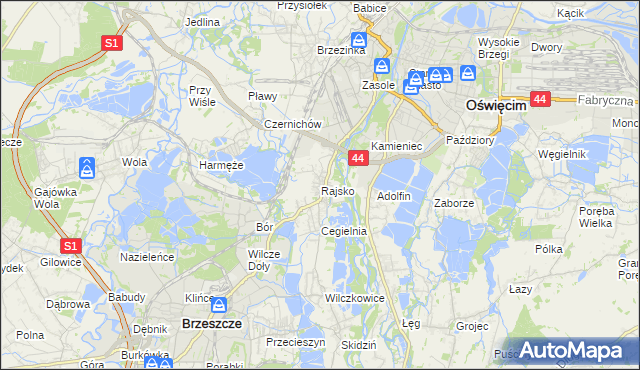 mapa Rajsko gmina Oświęcim, Rajsko gmina Oświęcim na mapie Targeo