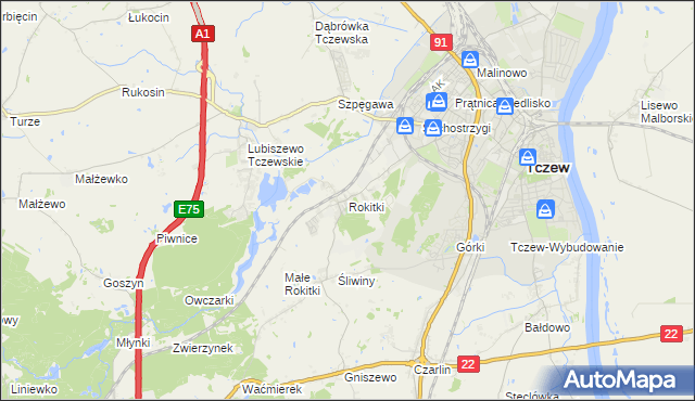 mapa Rokitki gmina Tczew, Rokitki gmina Tczew na mapie Targeo