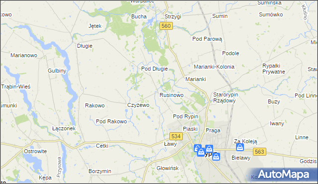 mapa Rusinowo gmina Rypin, Rusinowo gmina Rypin na mapie Targeo
