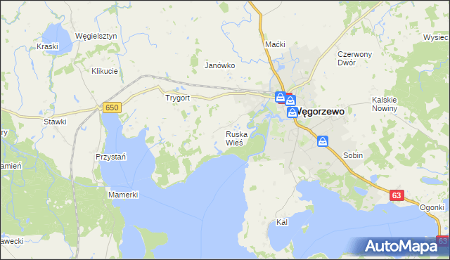 mapa Ruska Wieś gmina Węgorzewo, Ruska Wieś gmina Węgorzewo na mapie Targeo