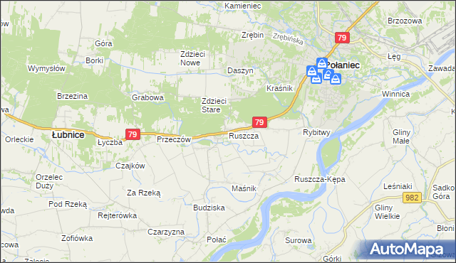 mapa Ruszcza gmina Połaniec, Ruszcza gmina Połaniec na mapie Targeo