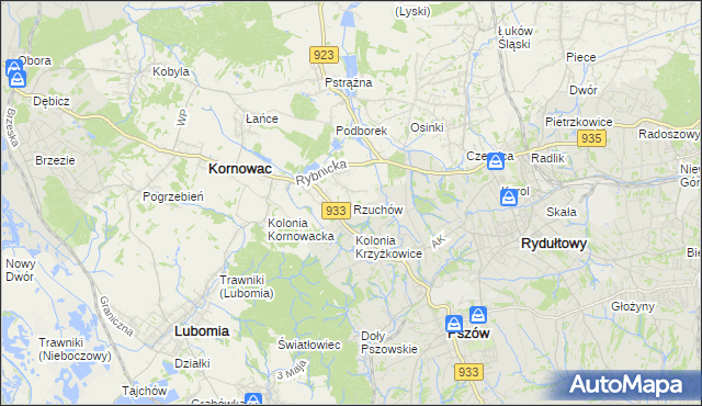 mapa Rzuchów gmina Kornowac, Rzuchów gmina Kornowac na mapie Targeo