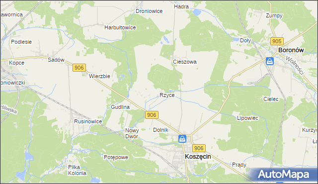 mapa Rzyce, Rzyce na mapie Targeo