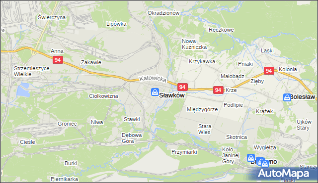 mapa Sławków powiat będziński, Sławków powiat będziński na mapie Targeo