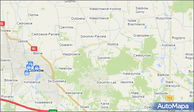 mapa Sokolniki gmina Ozorków, Sokolniki gmina Ozorków na mapie Targeo
