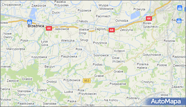 mapa Sosnowice gmina Brzeźnica, Sosnowice gmina Brzeźnica na mapie Targeo