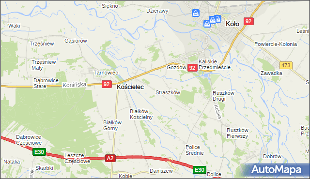 mapa Straszków gmina Kościelec, Straszków gmina Kościelec na mapie Targeo