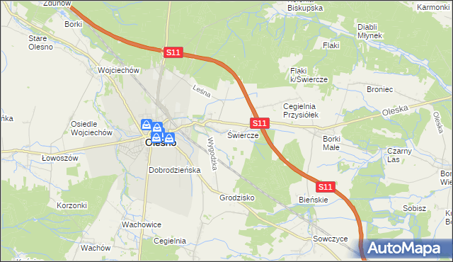 mapa Świercze gmina Olesno, Świercze gmina Olesno na mapie Targeo