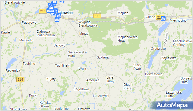 mapa Szklana gmina Sierakowice, Szklana gmina Sierakowice na mapie Targeo