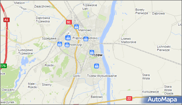 mapa Tczew, Tczew na mapie Targeo