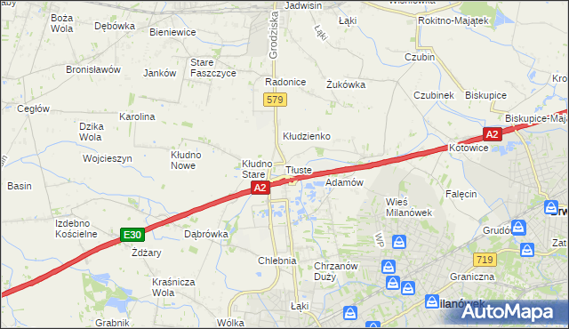 mapa Tłuste gmina Grodzisk Mazowiecki, Tłuste gmina Grodzisk Mazowiecki na mapie Targeo