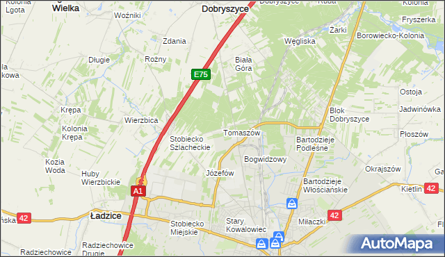 mapa Tomaszów gmina Ładzice, Tomaszów gmina Ładzice na mapie Targeo